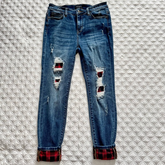 Judy Blue Denim - Judy Blue Distressed Skinny Red Buffalo Plaid Denim Blue Jeans Size 9/29